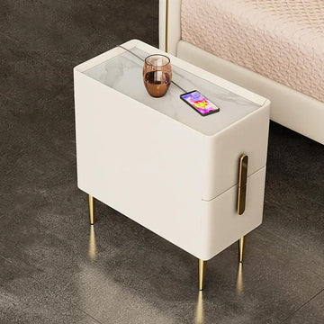 Beige Bedroom Nightstand Storage Bedside Table with 2 Drawers in Gold Legs